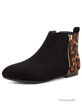Women's Flat Ankle Boots Round Toe Side Zip Faux Suede Booties